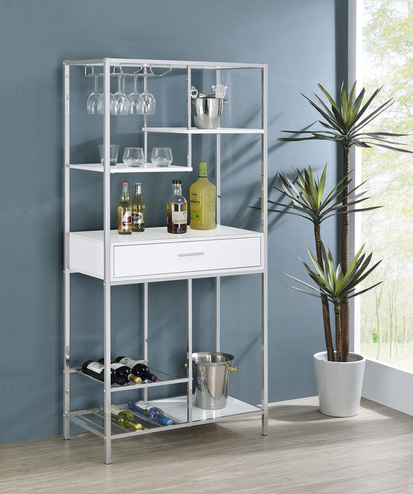 Figueroa 5-shelf Wine Cabinet with Storage Drawer White High Gloss and Chrome image