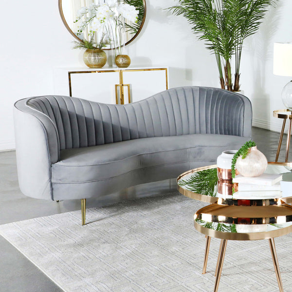 Sophia Upholstered Loveseat with Camel Back Grey and Gold image
