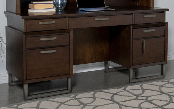 Marshall 5-drawer Credenza Desk With Power Outlet Dark Walnut and Gunmetal image