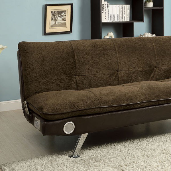 GALLAGHER Dark Brown/Chrome Futon Sofa w/ Bluetooth Speaker, Brown image